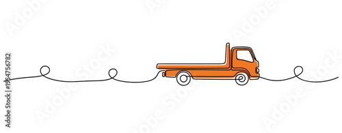 Orange flatbed truck driving on continuous line background. no editable strokes
