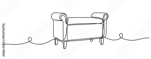 Upholstered settee drawn in continuous line interior scene. no editable strokes