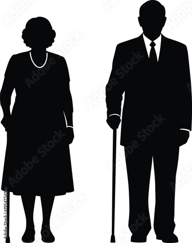 Black silhouette of an elderly senior couple standing together with walking canes and wearing formal elegant dress and suit on white