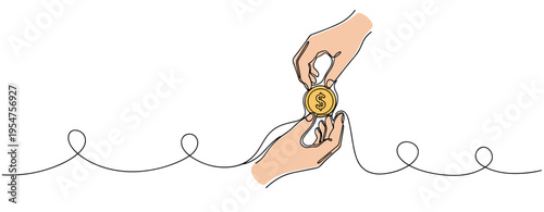 Hands exchanging coin showing payment gesture on white background. no editable strokes