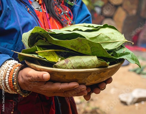 Close-up of hands holding a brass bowl filled with large green leaves, part of a person's traditional garments are visible