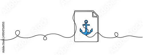 Document with anchor icon hanging on white background. no editable strokes