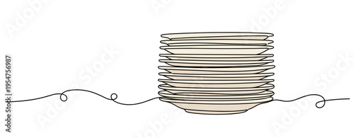 Stack of plates arranged on continuous line minimal background. no editable strokes