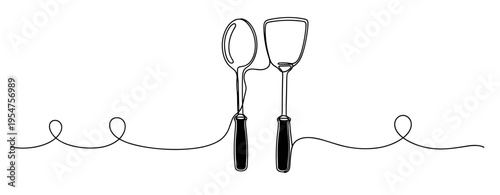 Spoon and spatula connected by continuous line on white background. no editable strokes