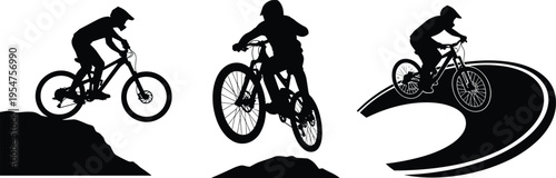 Mountain bike silhouettes set featuring extreme downhill riders jumping off rocks, mountain biking stunts, cycling adventure, mountain bikers in action, vector.
