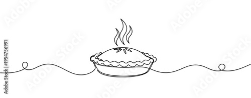 Pie steaming on countertop in continuous line style. no editable strokes
