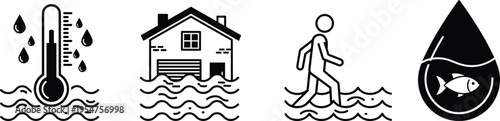 Black and white climate change icons showing rising sea levels, flooded house, global warming thermometer, human displacement, and water pollution ecology.