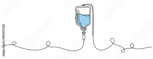 Intravenous drip bag hanging in minimalist continuous line art. no editable strokes