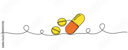Pills and capsule resting on white continuous line. no editable strokes