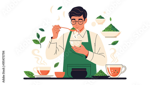 Matcha Ceremony: A serene individual prepares and savors the rich, vibrant green matcha, surrounded by the elements of a traditional ceremony. A harmonious blend of tradition and flavor.