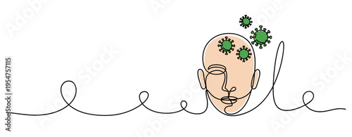 Bald head with virus icons indicating infection state on line. no editable strokes