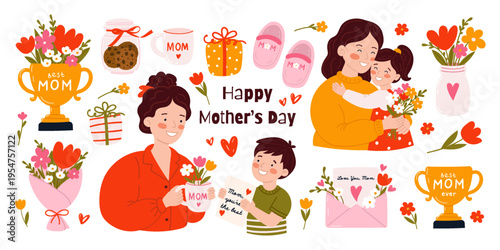 Mother's Day Big Set of Hand Drawn Doodle Elements, Icons and Characters, Floral Bouquet, Trophy and Gift Illustrations for Greeting Card Design, Sticker Pack and Social Media Ads, Flat Vector