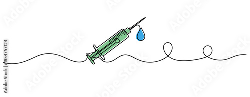 Medical syringe tilted with droplet above white background line. no editable strokes