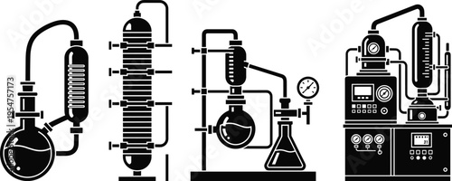 Laboratory distillation apparatus set, chemical research equipment icons, scientific glass flask and industrial machinery, chemistry experiment tools, flat vector illustration.