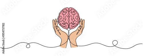 Hands holding brain representing mental health care concept. no editable strokes