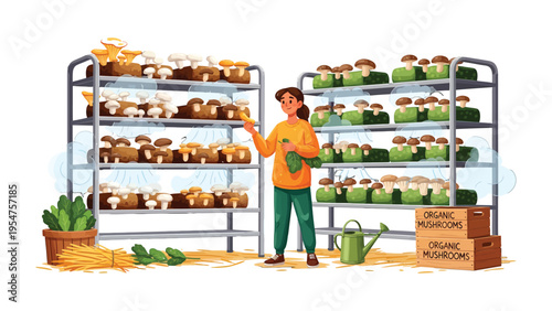 Mushroom Farm Cultivation: An individual diligently tending to a shelf brimming with mushrooms, a testament to the art of cultivating healthy fungi. 