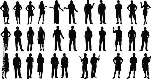 Large group of people silhouettes, men and women standing in various poses, diverse character collection, casual fashion figures, vector.