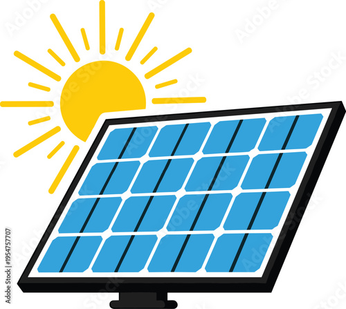 Solar panel vector illustration with sun for renewable energy concept sustainable power source flat icon design on isolated white background