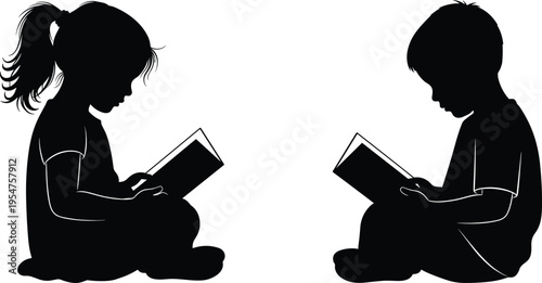 Silhouette of a young girl and boy sitting on the floor reading books together, childhood literacy, early education and learning concept (20 words)