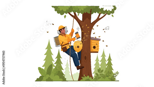 Beekeeping Adventure: A skilled beekeeper ascends a tree, tending to a beehive amidst a flurry of activity, embodying the art of apiculture and the dedication to nature.