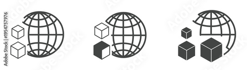 Global data and blockchain network icon set, cubes orbiting globe, vector illustration representing worldwide logistics, digital technology, blockchain, and global connectivity concepts.