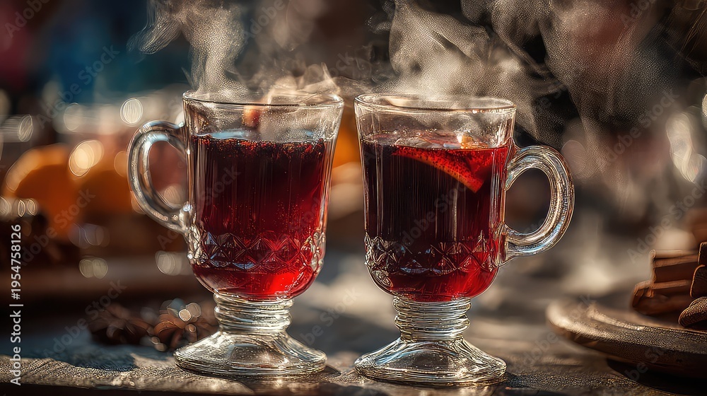 Fototapeta premium Two glasses of mulled wine with steam rising
