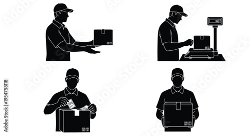 Delivery worker handling packages in various actions in a vector graphic illustration design