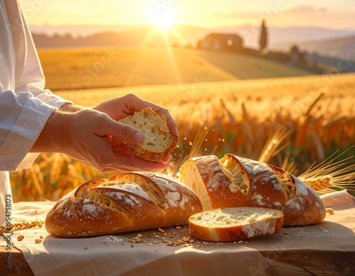 Close-up of hands holding a piece of bread, sliced loaves on a table, with golden wheat field at sunset