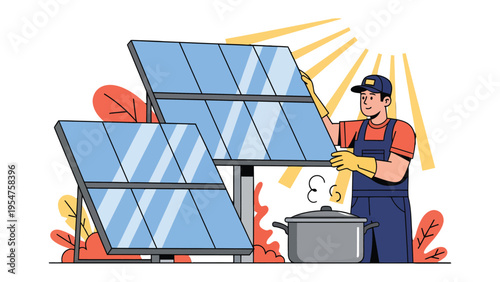 Solar Panel Installation and Solar Cooking: A technician diligently installs a solar panel, with sun's beam and solar cooking symbolizing sustainable energy and eco-friendly living.