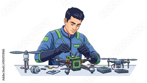 Drone Maintenance Technician: A skilled technician, meticulously repairs a drone, showcasing precision and dedication in the realm of technology and innovation.