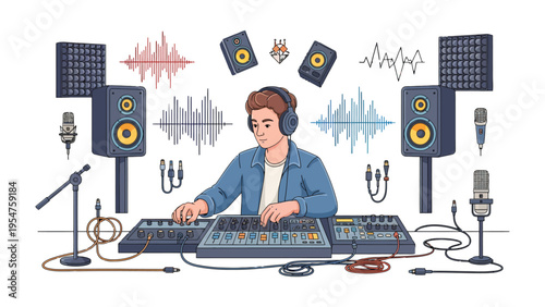 Creative Audio Maestro: A dedicated audio engineer skillfully manipulates the sound mixing console, surrounded by professional studio equipment to craft pristine audio experiences. 