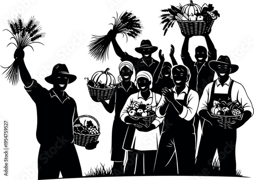 Happy Farmers Celebrating Harvest With Fresh Produce Baskets