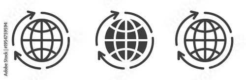 Global refresh and worldwide update icon set, international cycle and process symbols in multiple styles, vector illustrations for technology, software, and data synchronization design projects.