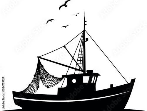 Fishing boat sailing with nets and seagulls flying around