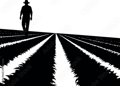 Person Standing at Edge of Two Opposing Furrowed Fields