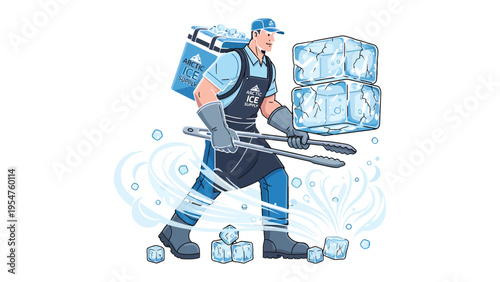 Icy Delivery: A diligent individual, fully equipped, strides purposefully, meticulously delivering perfect ice cubes for a refreshing experience.