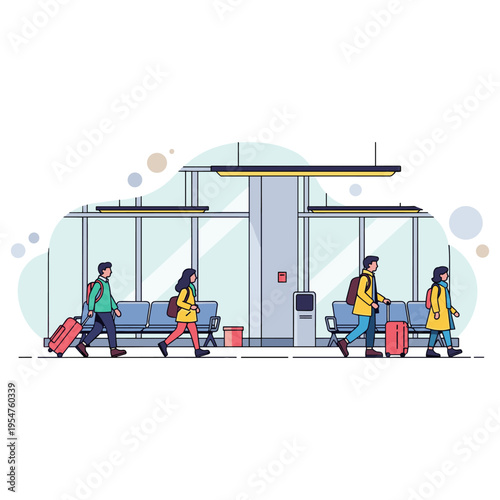 Passengers walking with luggage through airport terminal. non editable strokes