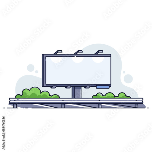 Empty billboard standing beside road with green shrubbery foreground. non editable strokes
