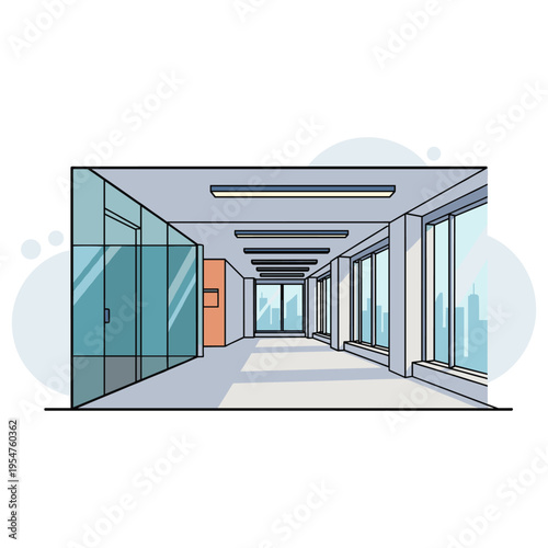 Office corridor extending with glass partitions and windows. non editable strokes