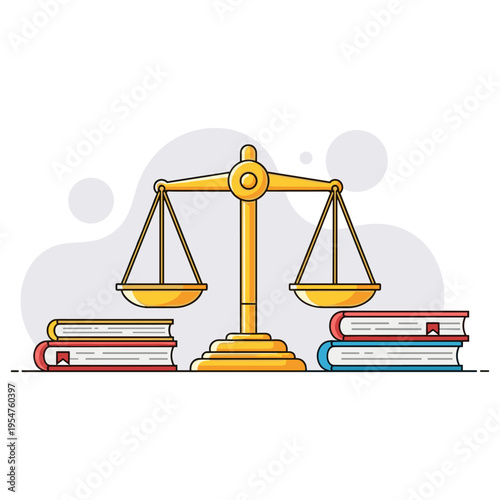 Golden scales balancing law books on tabletop illustration. non editable strokes