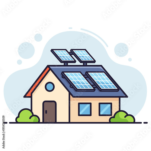 House equipped with solar panels generating energy in neighborhood. non editable strokes