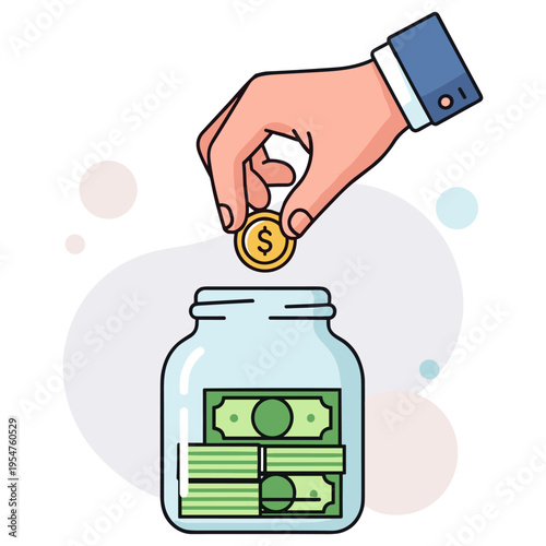 Hand dropping coin into jar of cash on white background. non editable strokes