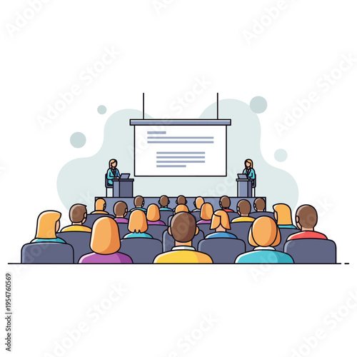 Audience attending presentation in conference room setting. non editable strokes