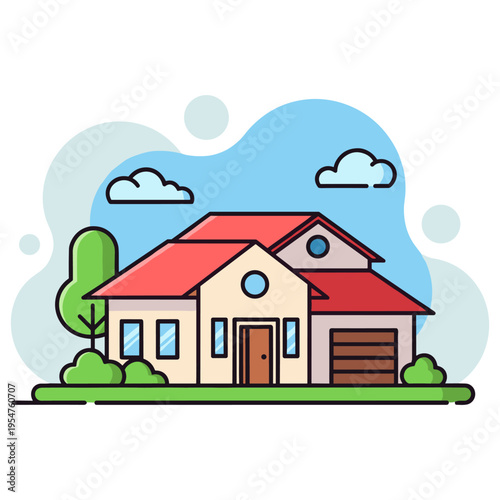 Suburban house with lawn and trees in neighborhood scene. non editable strokes