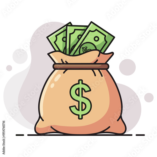 Money bag overflowing with cash on white background. non editable strokes