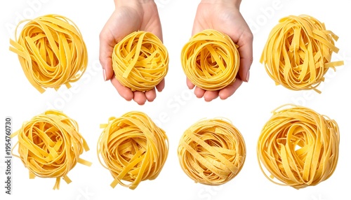 Close-up of hands holding and displaying coiled pasta nests, various angles and isolated against a white background
