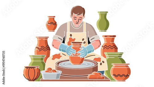Potter at Work: A skilled artisan, engrossed in his craft, meticulously molds clay on a spinning wheel, surrounded by the fruits of his labor - a collection of unique, handcrafted pottery