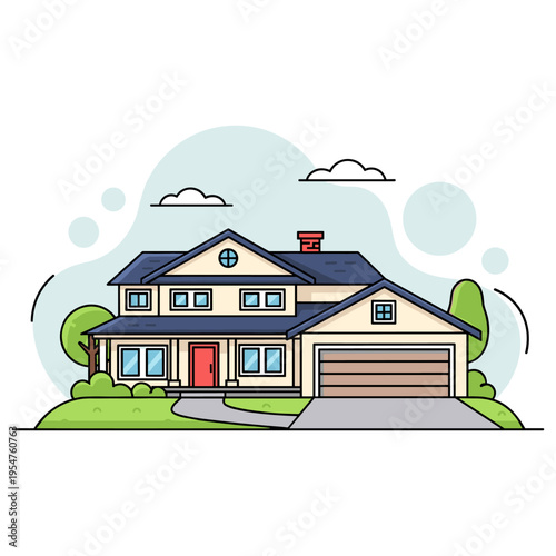 Suburban two story house exterior with garage and front yard. non editable strokes