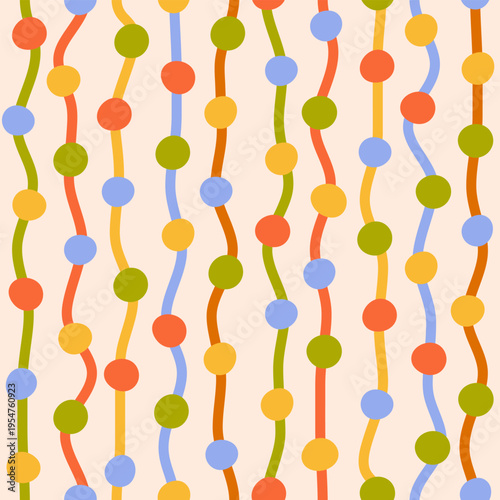 Wavy vertical stripes with dots  seamless pattern. Abstract geometric retro texture. Colorful distorted stripes on a beige background. Vector illustration