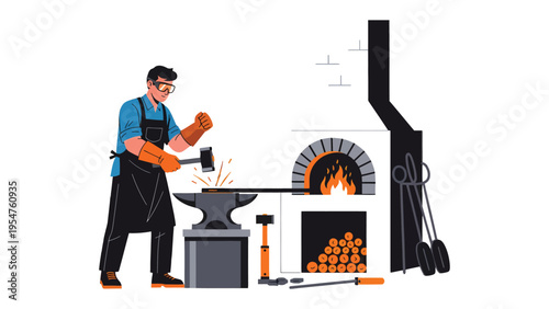 Artisan at Work: A blacksmith, expertly crafting metal with hammer and anvil. In a traditional forge, sparks fly as a skilled artisan shapes the raw material, representing craftsmanship and industry.
